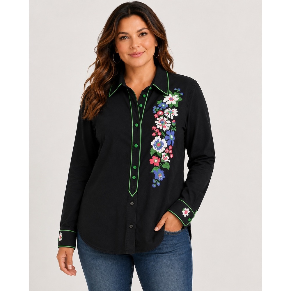 Bob Mackie Wearable Art Black Floral Embroidered Green Piping Button Shirt M